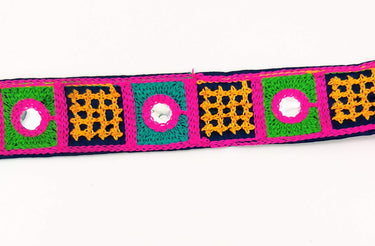 Indian Navy Blue Cotton Fabric Mirror Trim Embroidered in Pink, Yellow, Green and Cyan